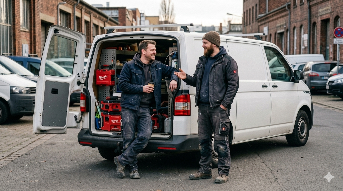 Das MDH Team vor dem Firmenfahrzeug